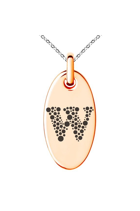 Stainless Steel Letter W Initial Dotted Monogram Engraved Small Oval Charm Pendant Necklace