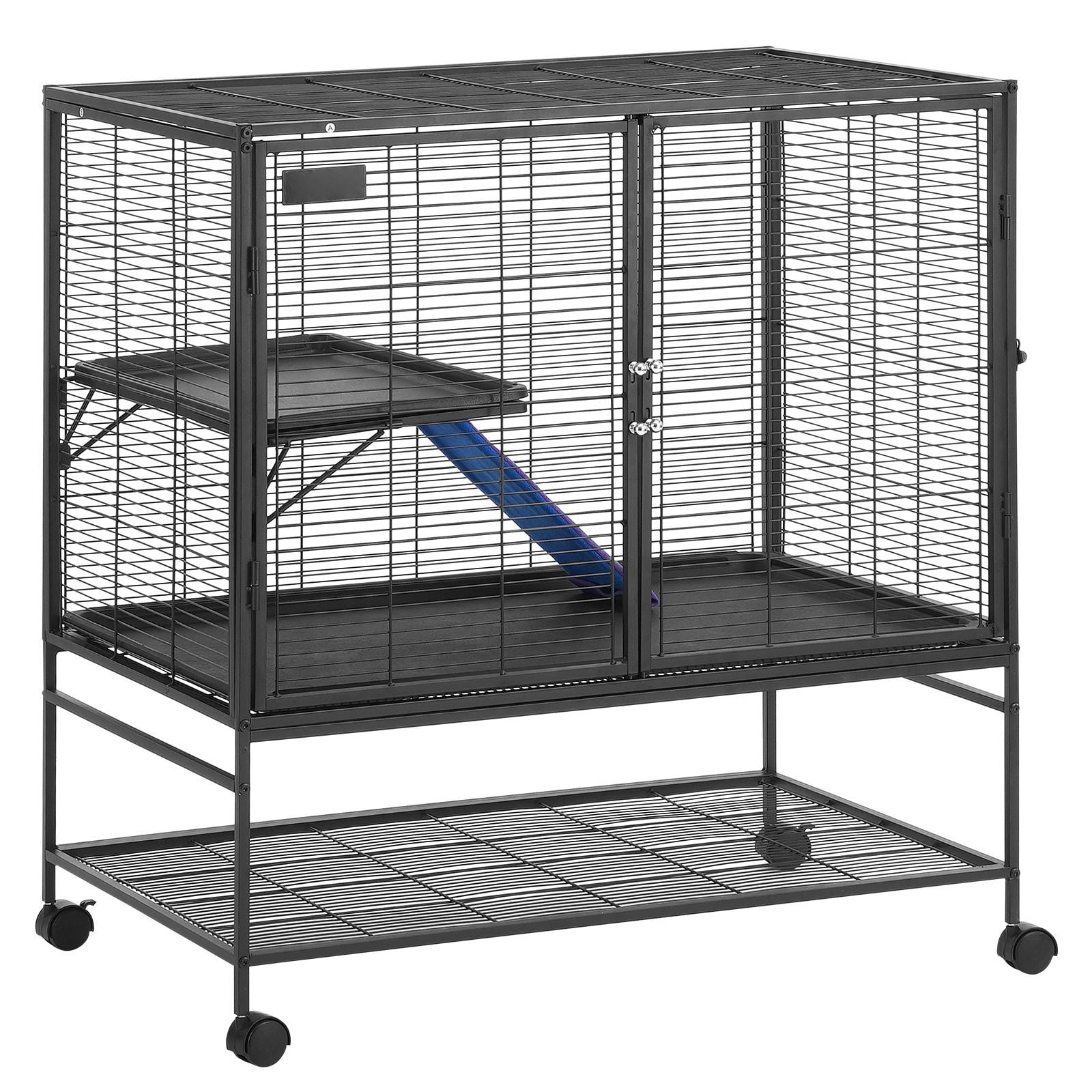 Rolling Metal Ferret Cage 39 Inch Large 2 Tier Small Animal Pet Hutch with Ramps Tray for Guinea Pig Chinchilla Bunny Squirrel