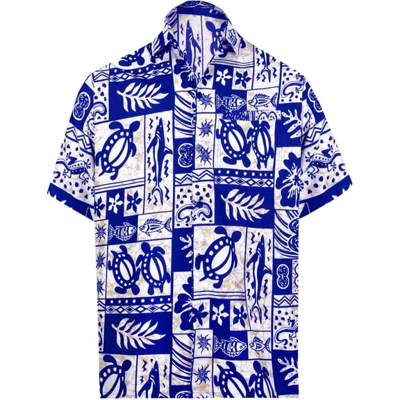 HAPPY BAY Men's Hawaiian Shirts Short Sleeve Button Down Shirt Mens Vacation Shirts Summer Beach Casual Tropical Shirts for Men Funny 5XL Sea Collage, Royal Blue