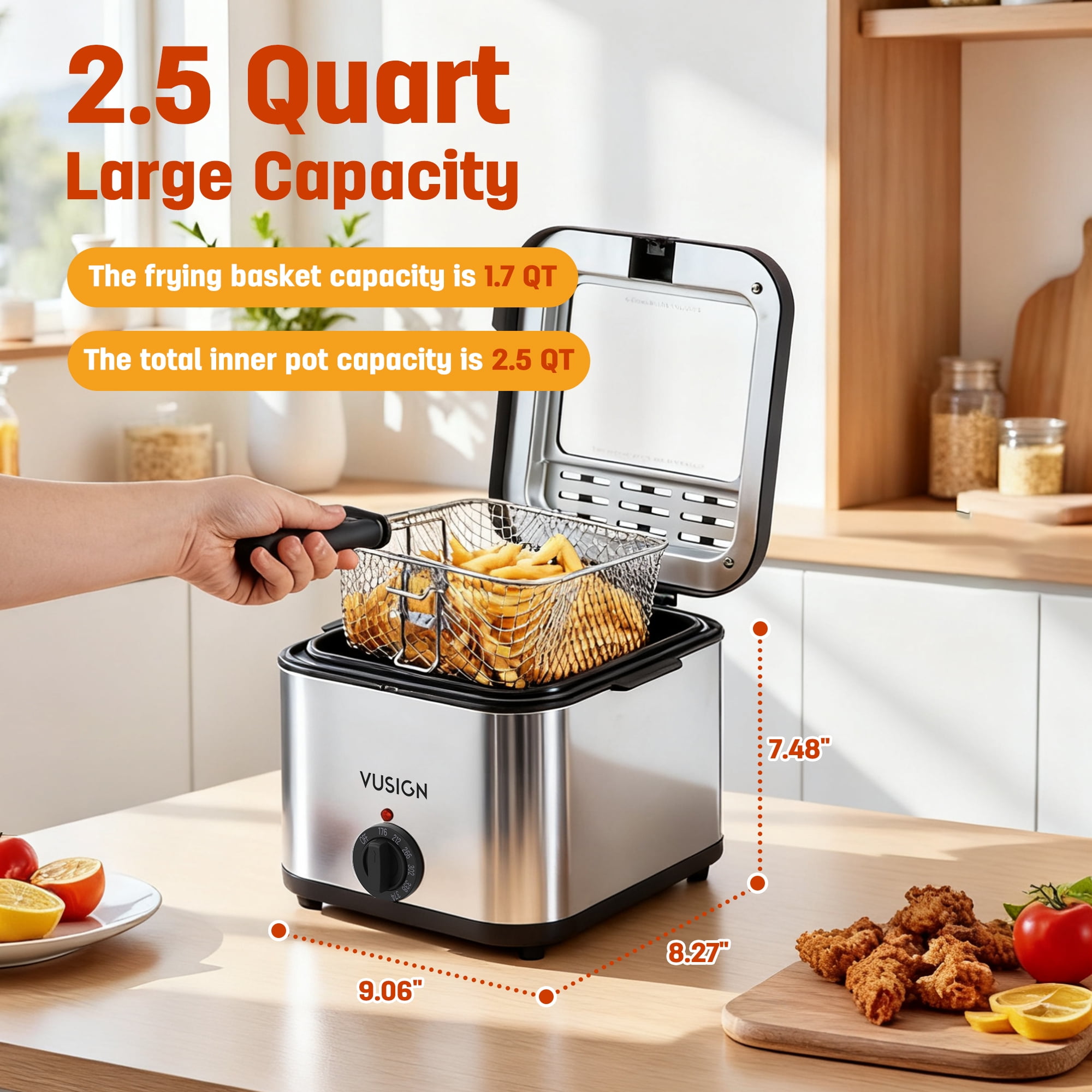 VUSIGN Electric Deep Fryer with Basket, 2.5QT Electric Fryer with Adjustable Temp & Timer,1000W,Easy-View Window,Stainless Steel