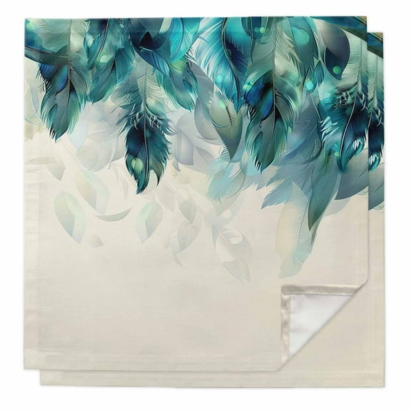 Teal Feather Cloth Napkins Washable Set of 2, Farmhouse Feather Art Teal Ombre Reusable Dinner Table Napkins Cloth Bulk for Weddings Kitchen Restaurants Hotel Events Parties 20 x 20 Inch
