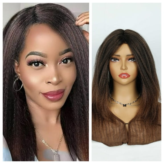 Queentas 18 Inch Yaki Straight Wig 200 Density HD Lace Front Wigs  Synthetic for Women