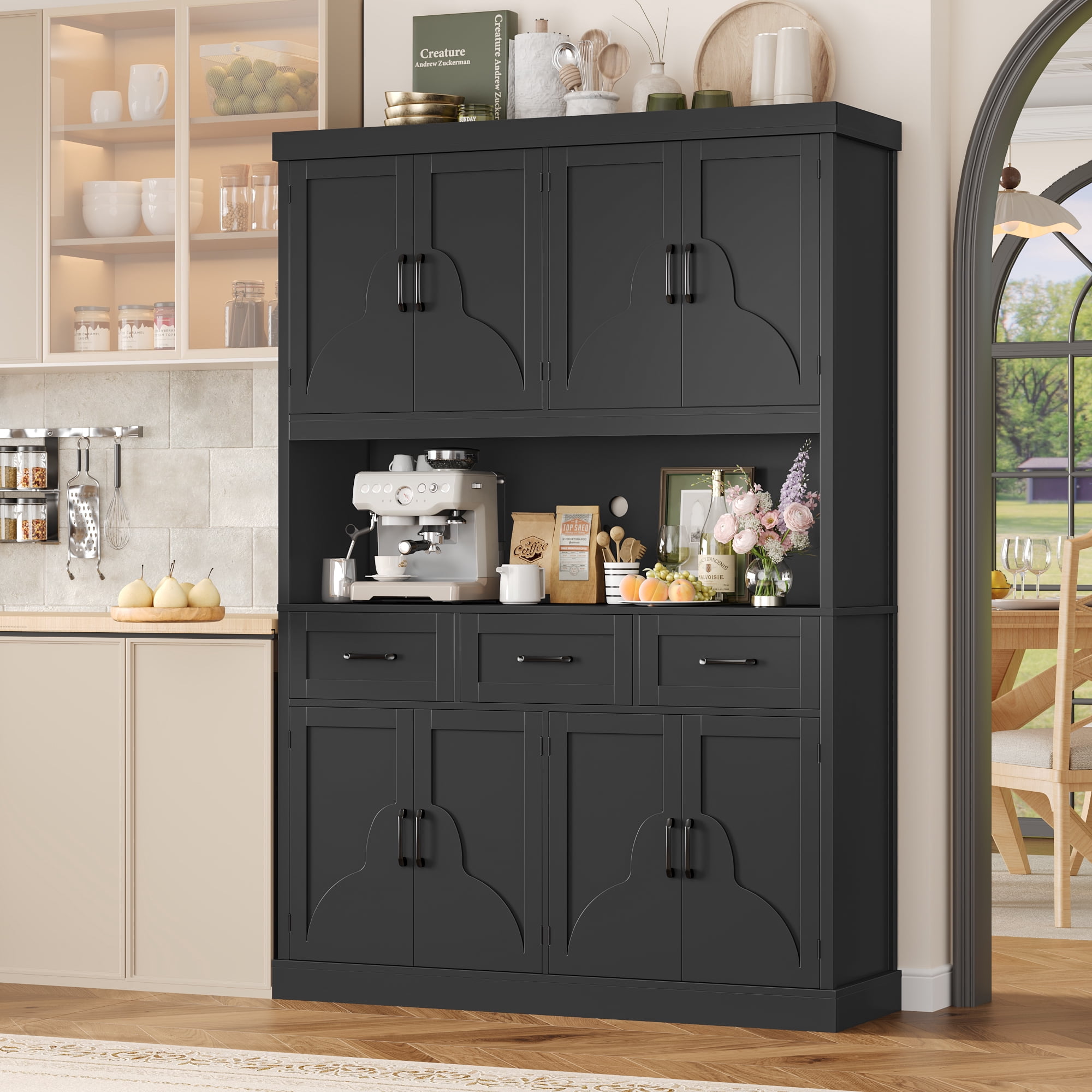 Homfa 76" Tall Kitchen Pantry Cabinet, Modern Storage Cabinet with Microwave Stand, Freestanding Cupboard with 3 drawers, Hutch Cabinet for Living Dining Room, Black