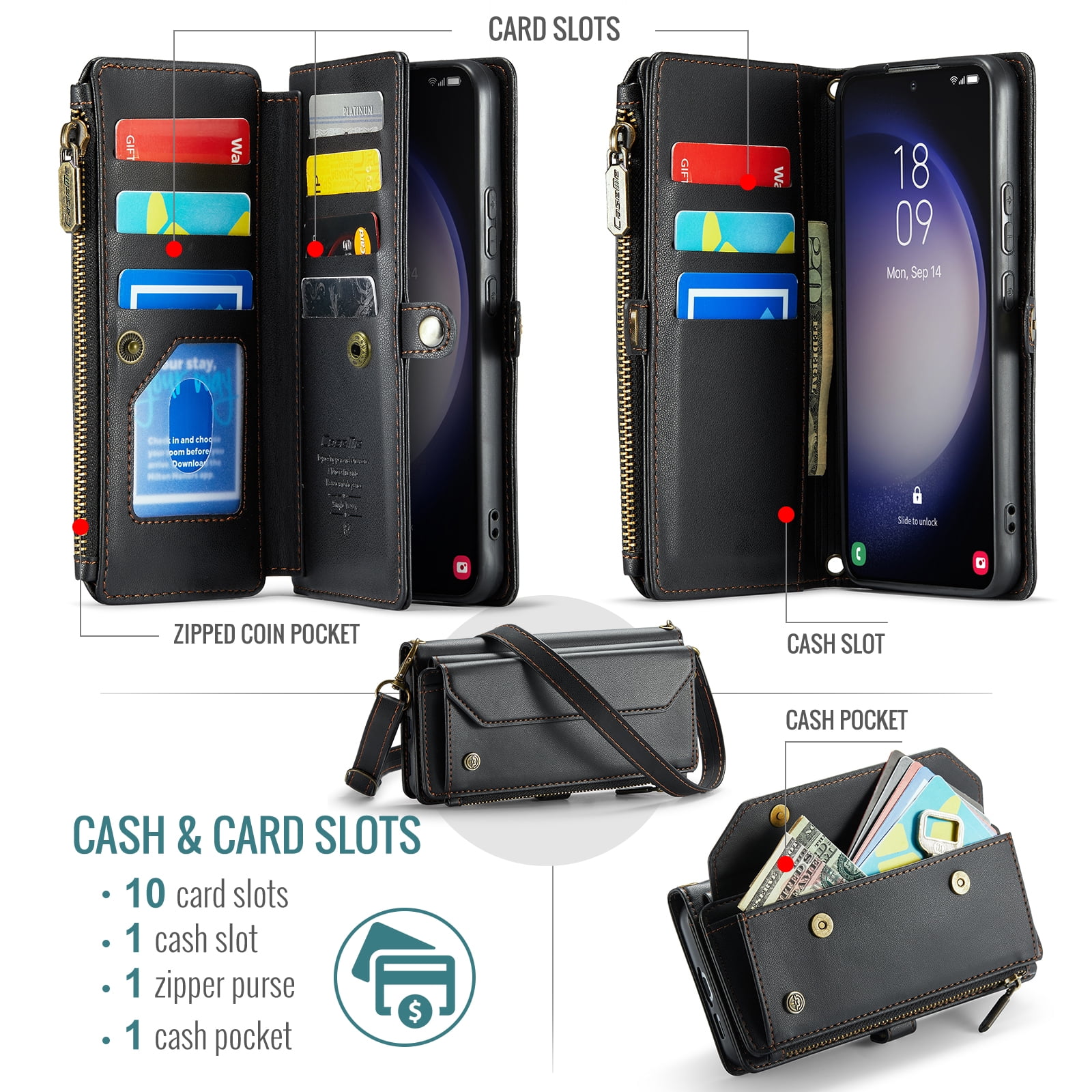 for Samsung Galaxy S23 Plus Full Body Protection Wallet Folio Flip Case, Shoulder Strap & Wristlet Card Slots Zipper Pocket RFID Blocking Rugged Durable PU Leather Phone Case Cover, Black