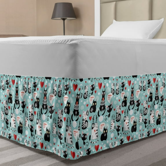 Cat Lover Bed Skirt, Black and White Cats in Love Meow Print Among Hearts Daydreaming Kitties Cat Ears, Elastic Bedskirt Dust Ruffle Wrap Around for Bedding Decor, 4 Sizes, Multicolor, by Ambesonne