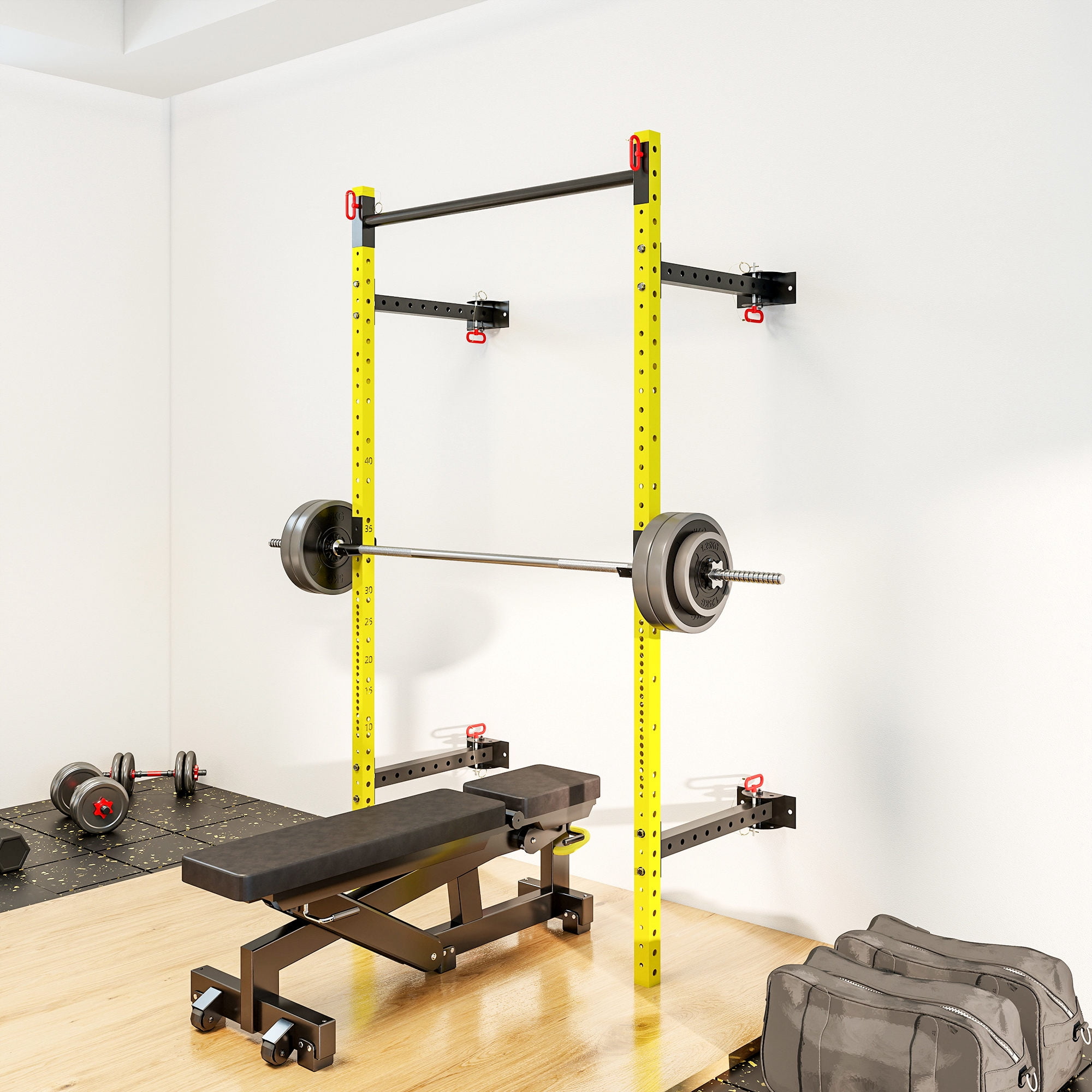 Soozier Folding Squat Rack with Pull Up Bar, Wall Mounted, 1000 Pounds Capacity Power Rack, Yellow