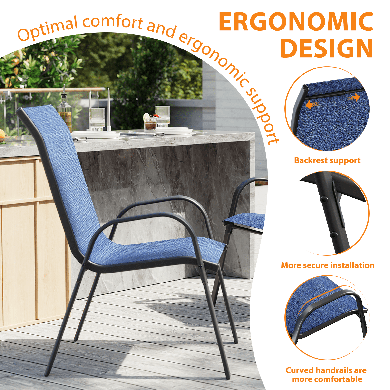ELPOSUN Patio Chairs Set of 4, Outdoor Stackable Dining Chairs for All Weather, Breathable Garden Outdoor Furniture for Backyard Deck, Deep Blue