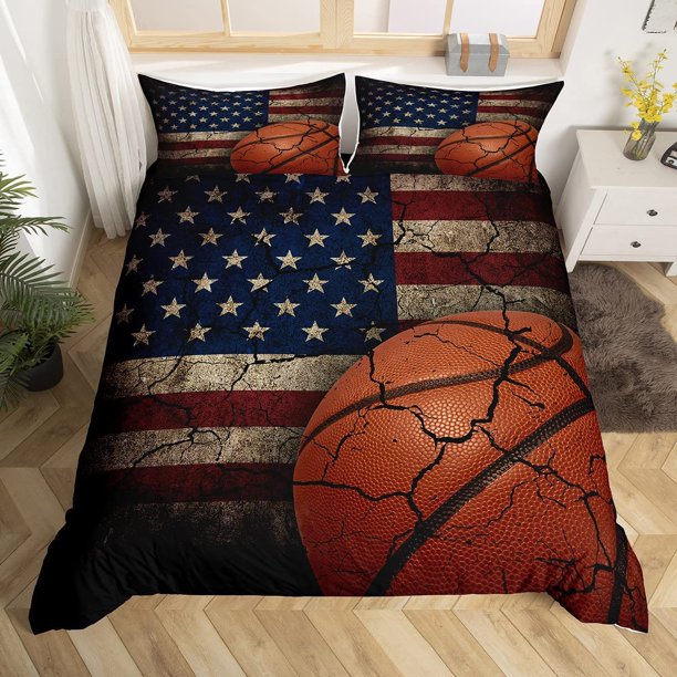 Funda Nórdica Bandera para Niños, Juego de Cama Baloncesto King Size, Juegos Deportivos Retro