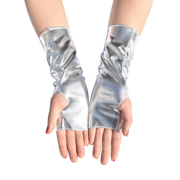 Guantes Largos Sin Dedos Brillantes Y Metálicos – 1 Par De Poliéster Dorado, 23x9.5 Cm, Ideales Para Cosplay, Halloween Y Fiestas De Rock