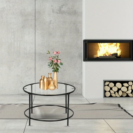 26" Round Glass Coffee Table with Metal Frame Coffee Table, Tempered Glass Decorative Side Table, Suitable for Living Room, Bedroom- Black