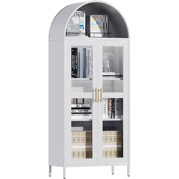 73" Tall Arched Display Cabinet with Glass Doors, Metal Arched Curio Cabinet with 2 Adjustable Shelves for Living Room, Assembly Required, White