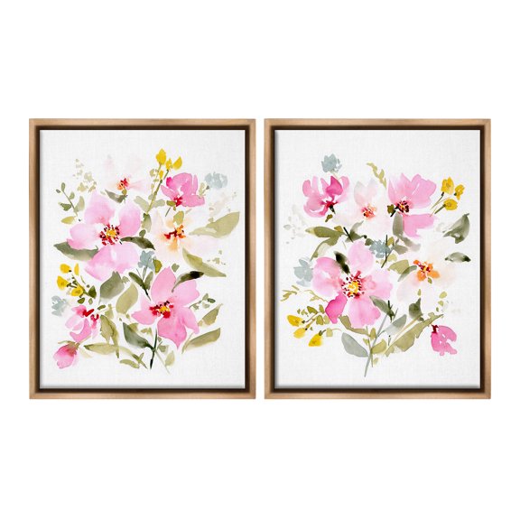 Stupell Industries Pink Scattered Blooms Botanical & Floral Painting Brown Floater Framed Canvas Art Print Wall Art, 25 x 31, Set of 2