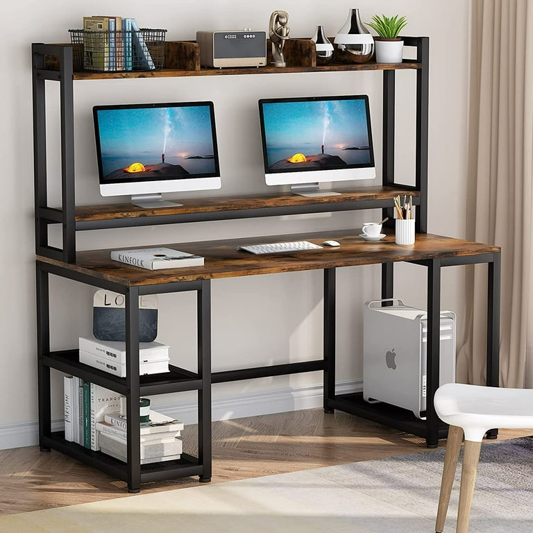 Dual monitor computer sale desk with hutch