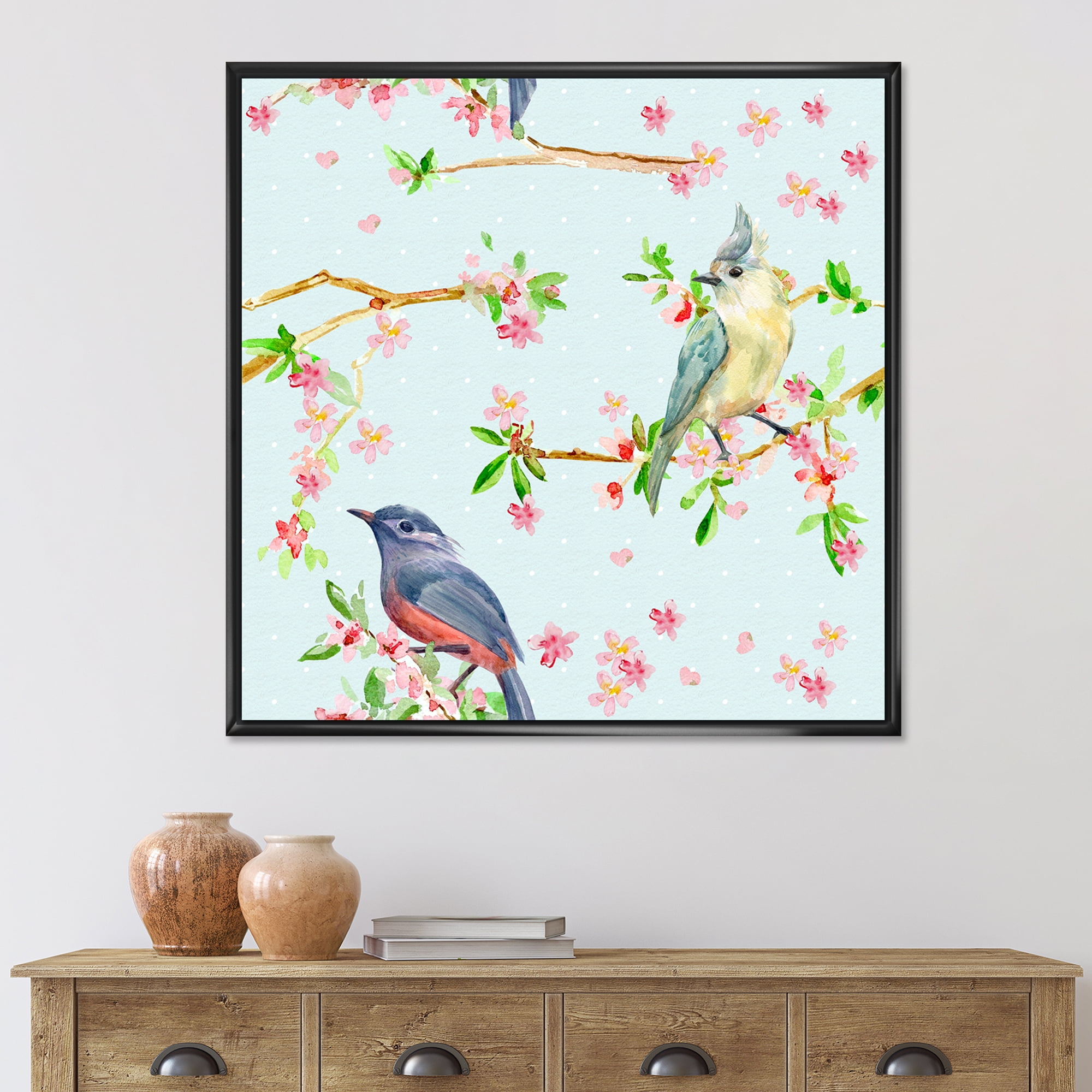 Designart 'Birds and Flowers Pattern In Blue' Traditional Framed Canvas Wall Art Print