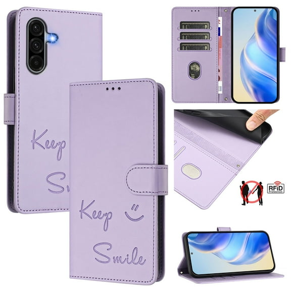 Crossbody Wallet Case for Samsung Galaxy S25 FE, Smile Pattern PU Leather Phone Case with Kickstand RFID Blocking Card Slots, Magnetic Closure Folio Cover with Wrist Strap Lanyard, Purple