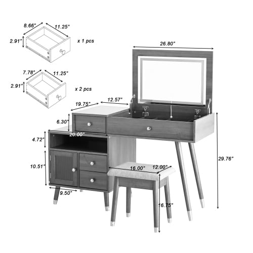 3-in-1 Vanity Desk with Lighted Flip-Top Mirror & Adjustable Cabinet, Makeup Dressing Table with Stool, Dresser with Drawers for Bedroom, Walnut