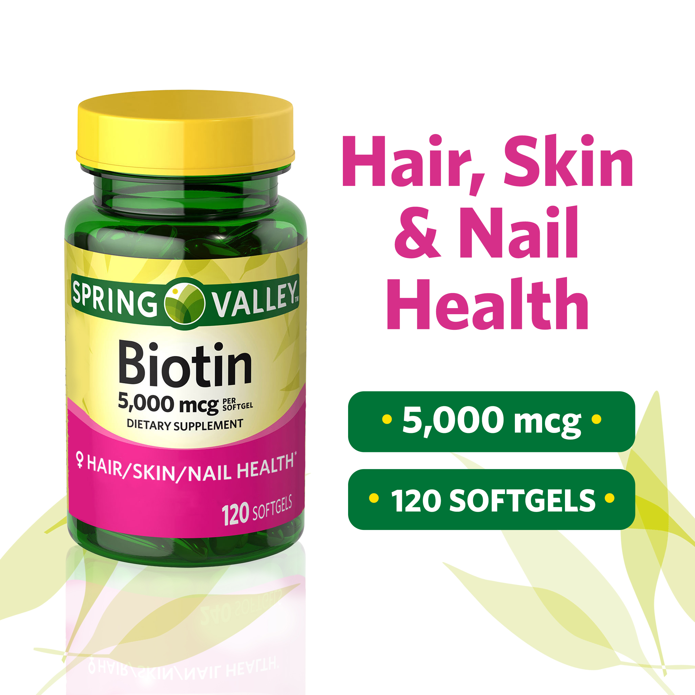 Spring Valley Biotin Hair/Skin/Nails Health Dietary Supplement Softgels, 5,000 mcg, 120 Count - image 2 of 16