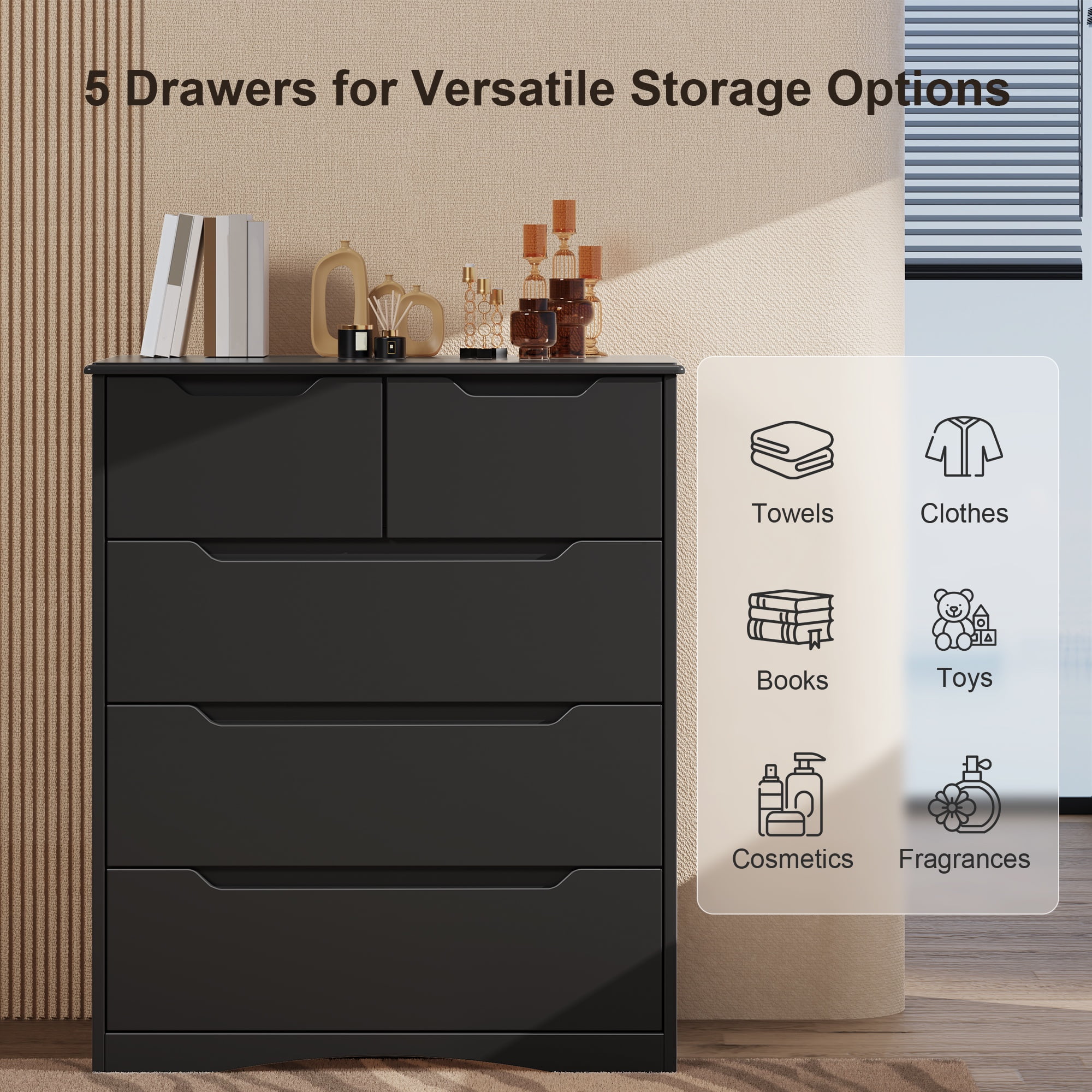 Dresser for Bedroom, Lofka Modern Wood Chest of Drawers with Cutout Handles, Deep Drawers, Smooth Metal Rail, Black