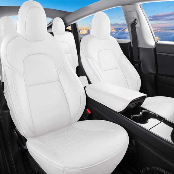 WRWolf for Tesla Model Y Seat Covers, Waterproof Faux Leather Car Seat Covers Full Set for Tesla Model Y 2020 2021 2022 2023 2024 (White)