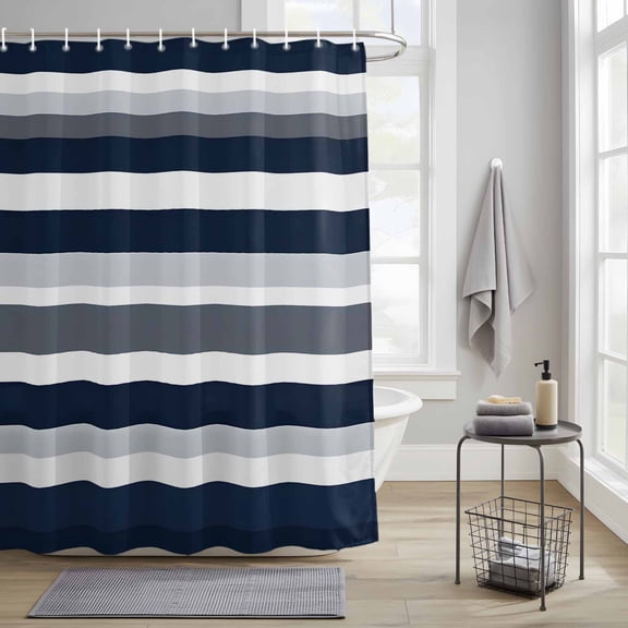Bathroom Shower Curtain Horizontal Stripe Navy Blue White Gray Waterproof Shower Curtains with Hooks, Minimalist Striation Art Bath Curtains Bathtub Curtain Home Decor 36x72in