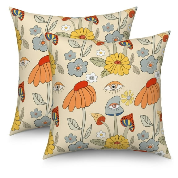 DaShan Boho Throw Pillow Covers 20x20 Set of 2,Cute Mushrooms Retro Linen Pillows Case for Bedroom Sofa Couch