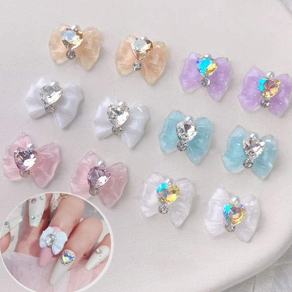 opvise 10Pcs Nail Art Charms Shiny DIY Manicure Nail Tips Accessory Love Heart Rhinestone Bow Nail Decoration for Nail Salon