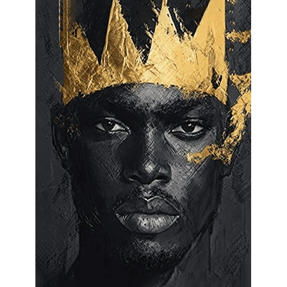 Black King with Golden Crown Decorative Painting/Canvas Art， Suitable for Decorating Living Room， Bedroom， Office， Study， Hallway， and Entrance， Powerful Man Portrait Wall Art 171