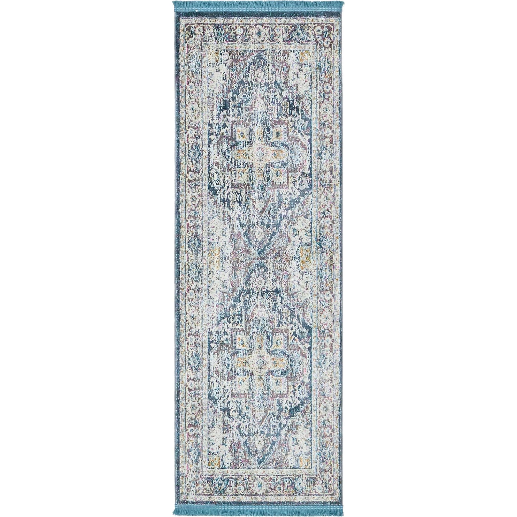 2' x 6' Blue and Ivory Distressed Medallion Rectangular Rug Runner