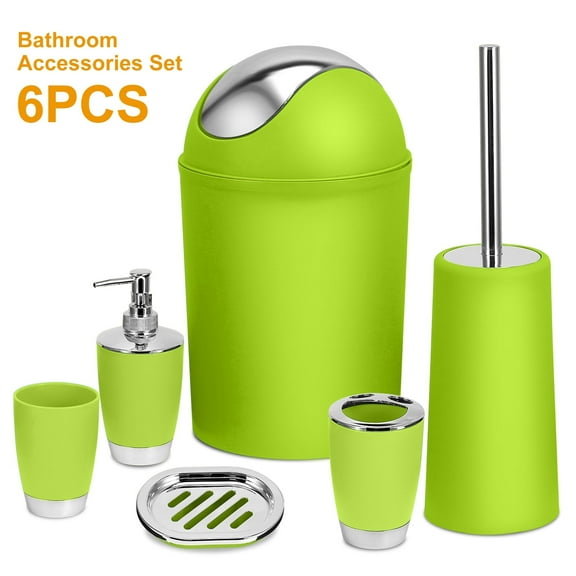 Moclever Bathroom Accessories, 6 Pcs Plastic Bathroom Set Soap Dispenser Toothbrush Holder Tumbler Soap Dish Toilet Cleaning Brush Trash Can Unisex, Green