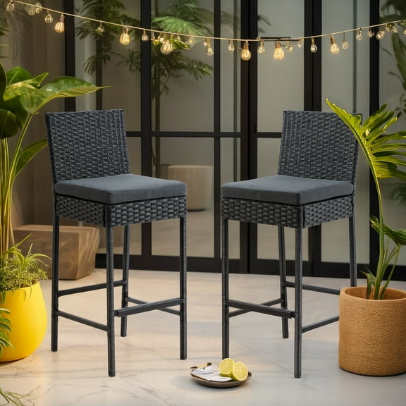 AVAWING 2PCS Patio Wicker Bar Stools, Outdoor Rattan Barstools with Cushion for Lawn, Black