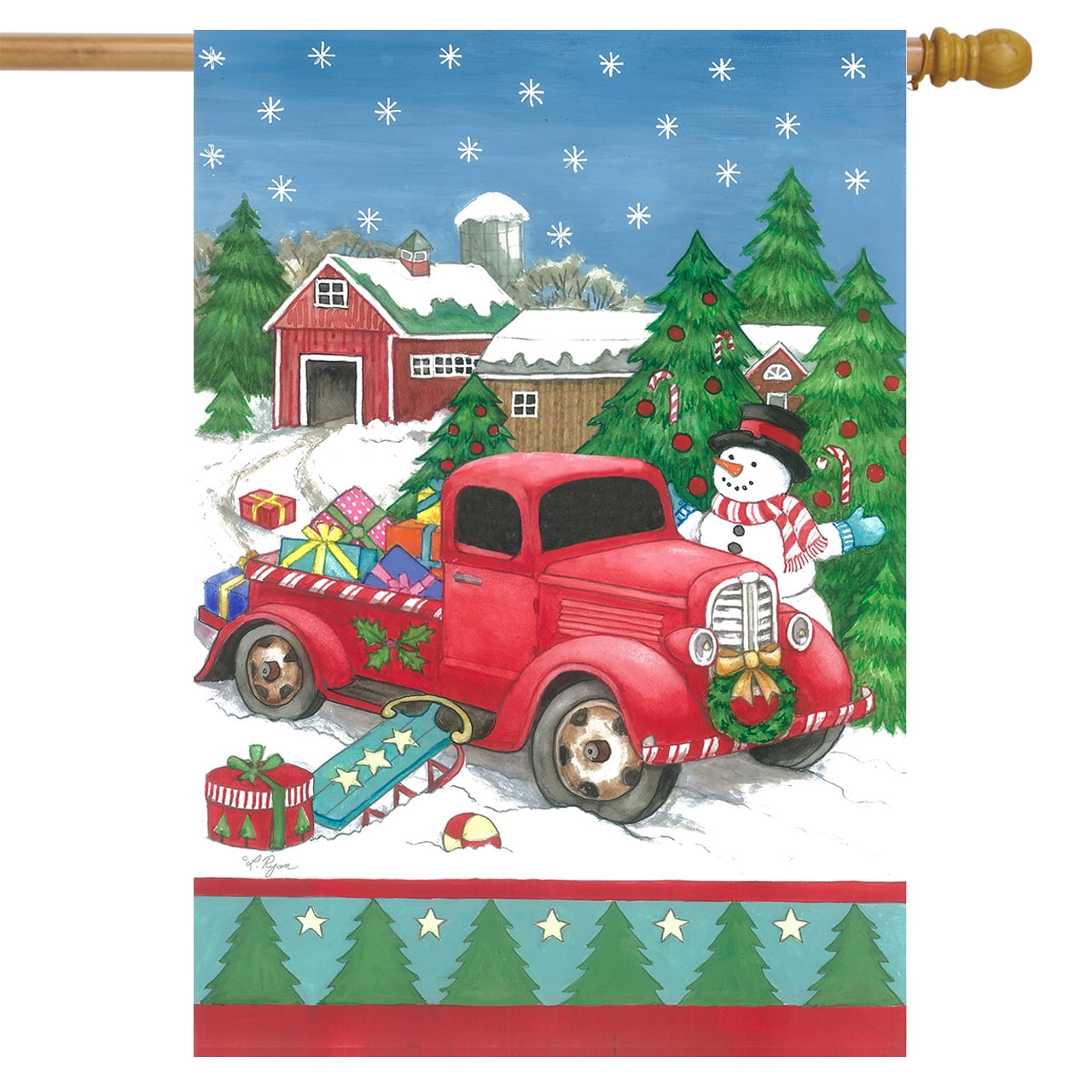 Festive Truck Christmas House Flag Snowman Presents 28" x 40" Briarwood