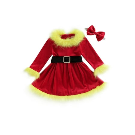 

xingqing 1-6Y Christmas Toddler Girls A-line Dress Long Sleeve Faux Fur Trim Santa Princess Dress for Cosplay Yellow Red 4-5 Years