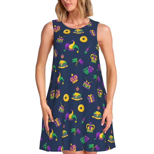 Balery Mardi Gras Carnival Vestidos de verano para mujer con estampado: vestido holgado sin mangas, vestido playero informal y cómodo para días calurosos.
