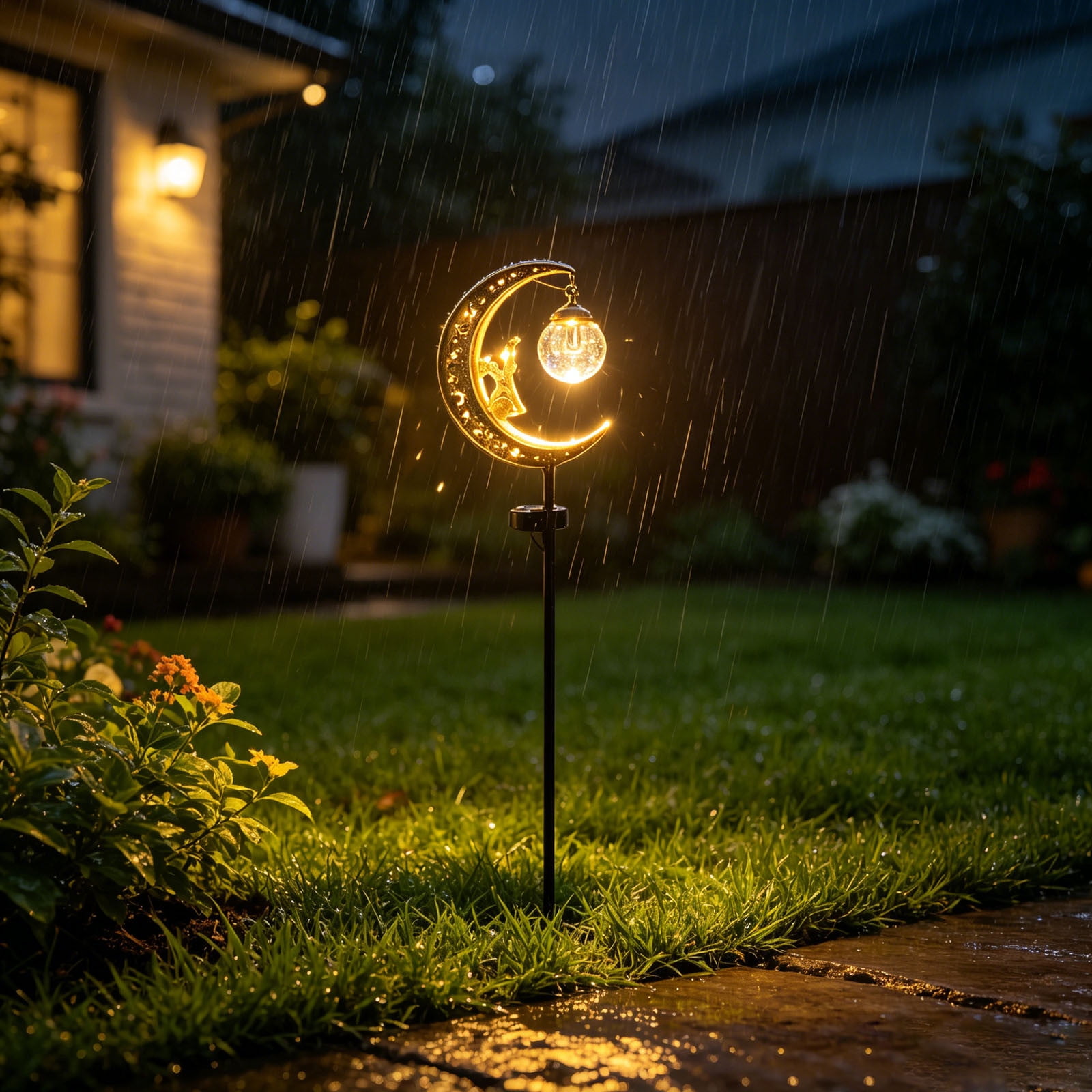 Solar Cat Moon Garden Stake Light Metal Cat on Moon Outdoor Decor Lamp With Crackle Glass Ball Waterproof LED Landscape Pathway Light For Yard Patio Lawn 33.5 Tall