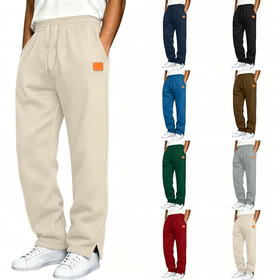 Mens Casual Sweatpants Zaewscy Men's Casual Straight-Leg Sweatpants With Side Slits Stylish Trendy Solid-Color Trousers Featuring A Leather Patch Beige XL