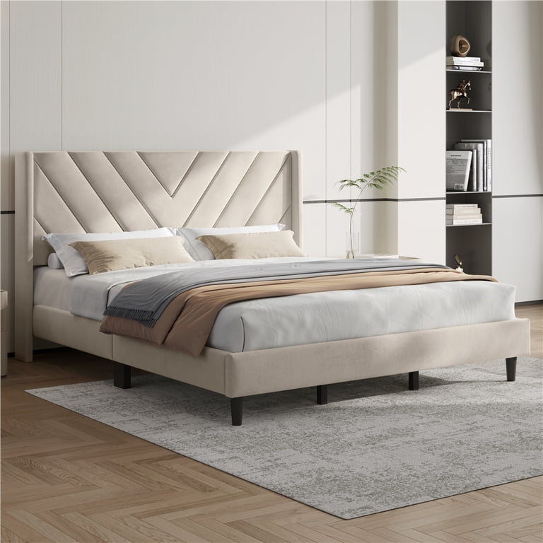 Yaheetech King Upholstered Platform Bed, Beige photo 2