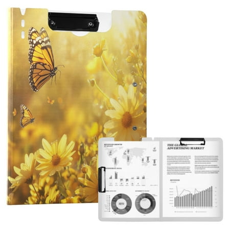 A4 Double Clip File Folder 18.9×12.6in Clipboards Foldable Binder Holds 80 Sheets Project Folder for Office Home Yellow Flowers and Butterfly