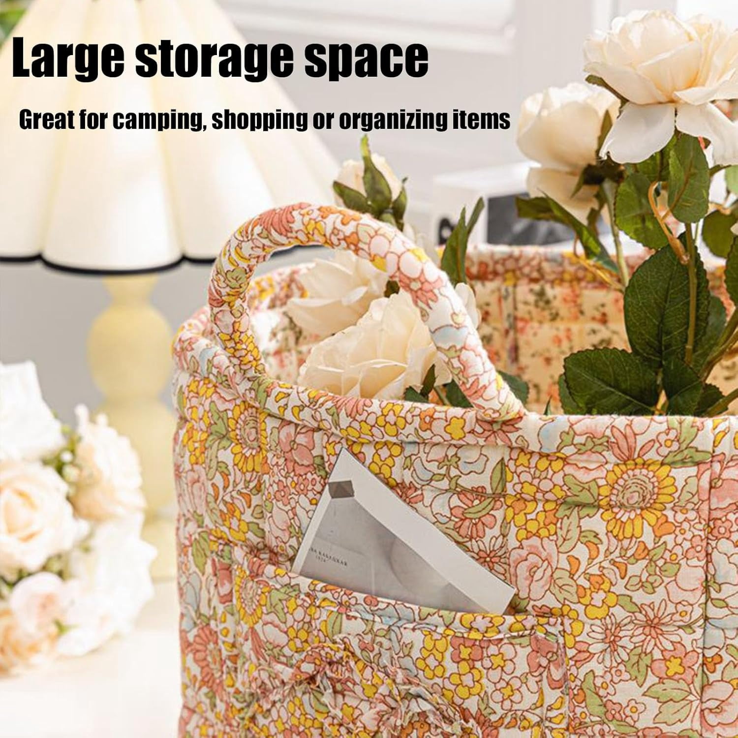 Boho Fabric Storage Basket, Large Capacity Fabric Storage Basket, Boho Floral Laundry Baskets for Storage, Collapsible Laundry Hamper with Easy Carry Handles for Clothes Sundries Toys (D)