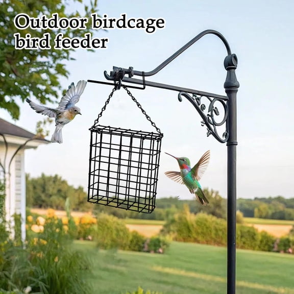 Metal Bird Feeder for Outdoor Hanging Squirrel Resistant Wild Bird Feeding Station with Rainwater Cover for Garden Yard Tree Decoration, Black