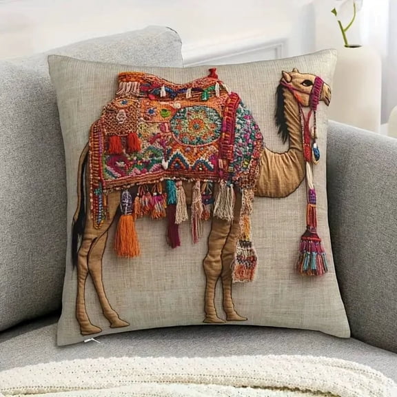 Lovely Camel Linen Pillow Covers with Invisible Zipper,Imitation Embroidery Pillowcase Shams Cushion Case for Bed Sofa Living Room Home Decor(18"x21")