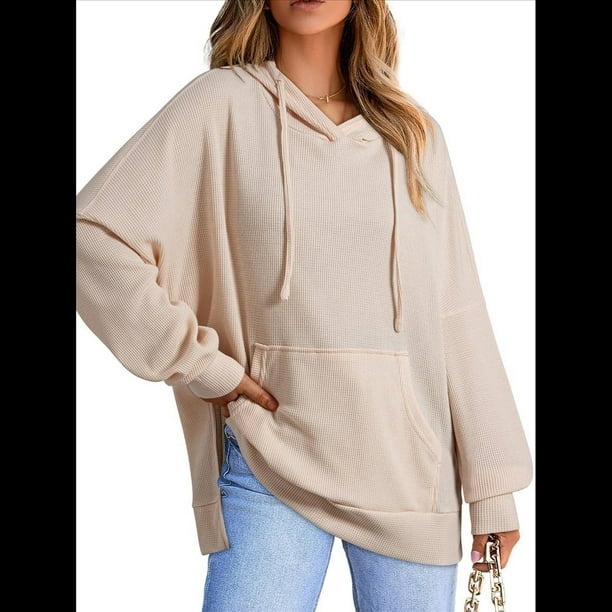 Sudadera con Capucha Extragrande para Mujer, Informal, de Larga, de Punto Gofre, con Cordón Ajustable y Abertura Lateral con Bolsillo. Albaricoque M