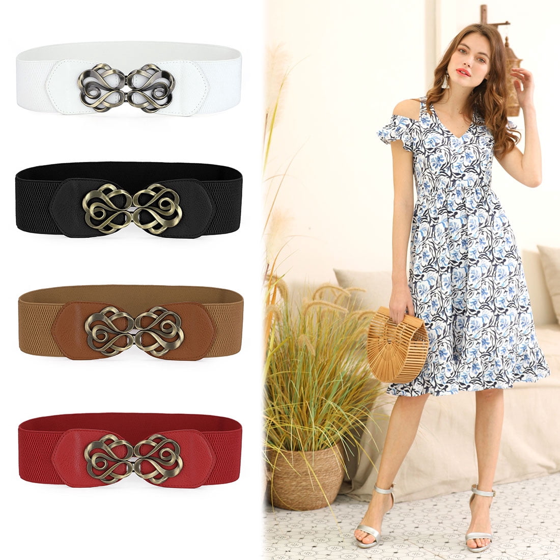 Women's Metal Interlocking Buckle Stretch Cinch Belt Dress Ornament
