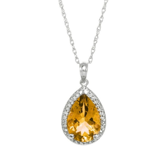 Galaxy Gold 14K Solid White Gold 14" Necklace with Natural Diamonds and a Pear-Shaped Citrine, 14"-24" Sizes, November Birthstone, Symbol of Warmth
