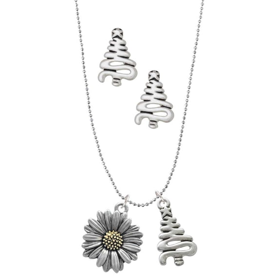 Delight Jewelry Two-tone Large Daisy Flower Silver tone Zig Zag Christmas Tree Charm Necklace and Stud Earrings