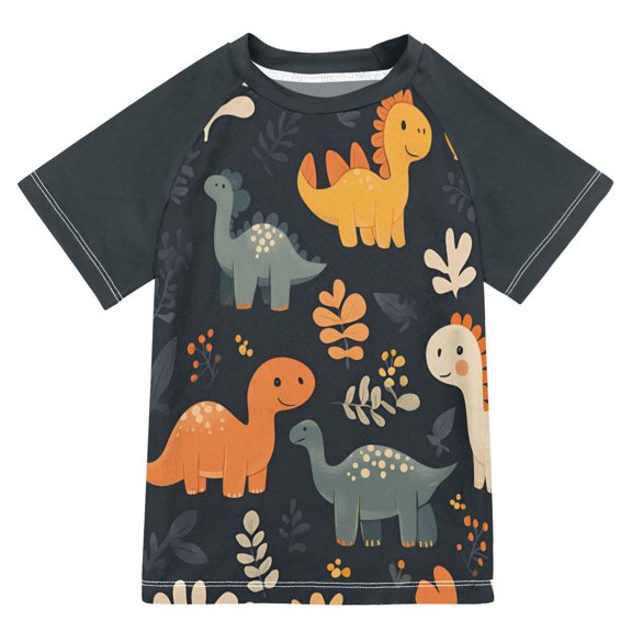 FORMRS Boys Rash Guard Short Sleeves Swim Shirt Quick Dry UPF 50  Sun Protection, Sizes 3-12T, Cartoon Dinosaur