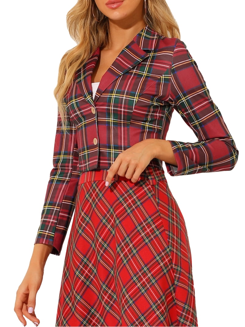 MODA NOVA Juniors Christmas Notched Lapel Stretch Plaid Preppy Tartan Crop  Blazer Red L - Walmart.com
