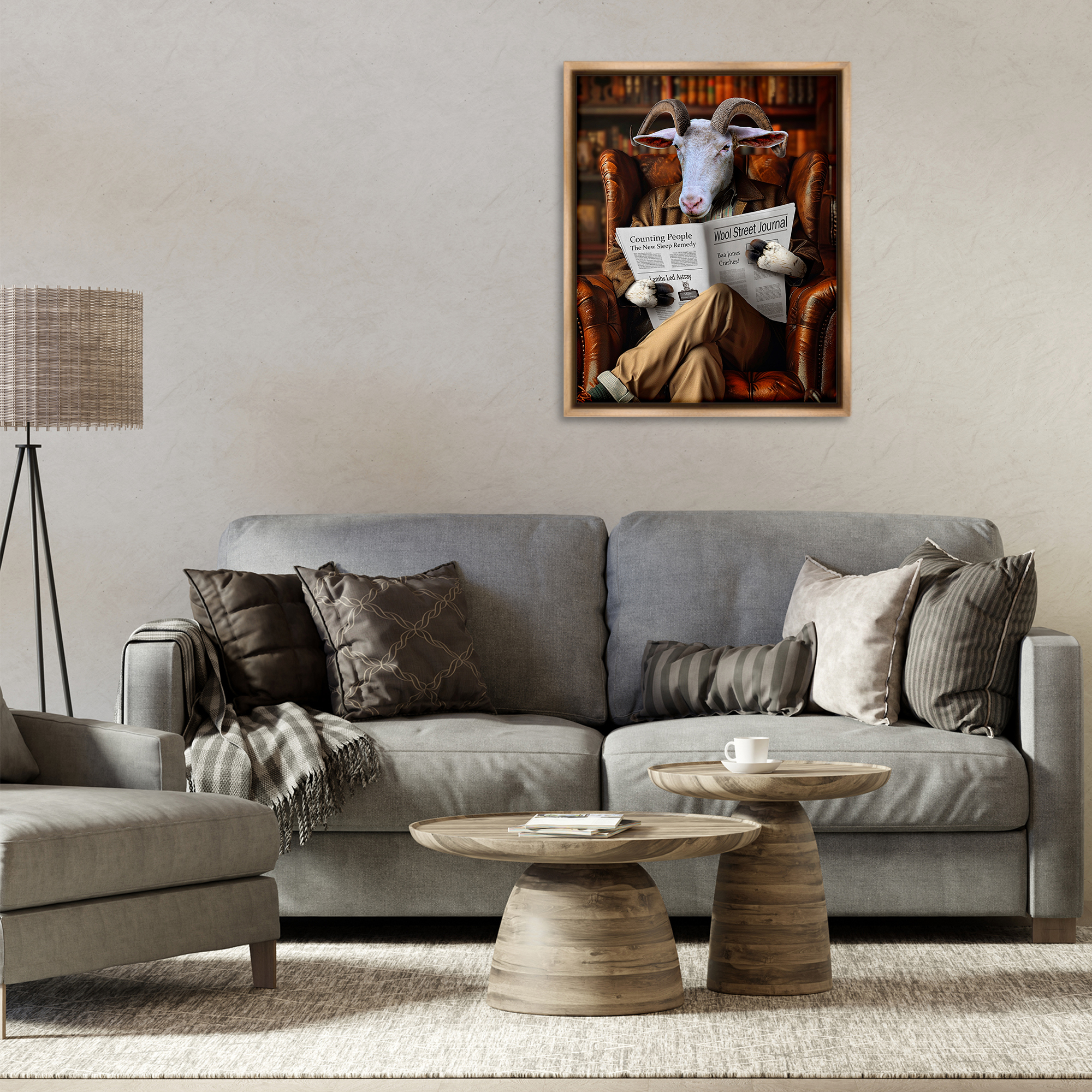 Stupell Industries Goat in Vintage Library Animals & Insects Painting Brown Floater Framed Canvas Art Print Wall Art, 25 x 31