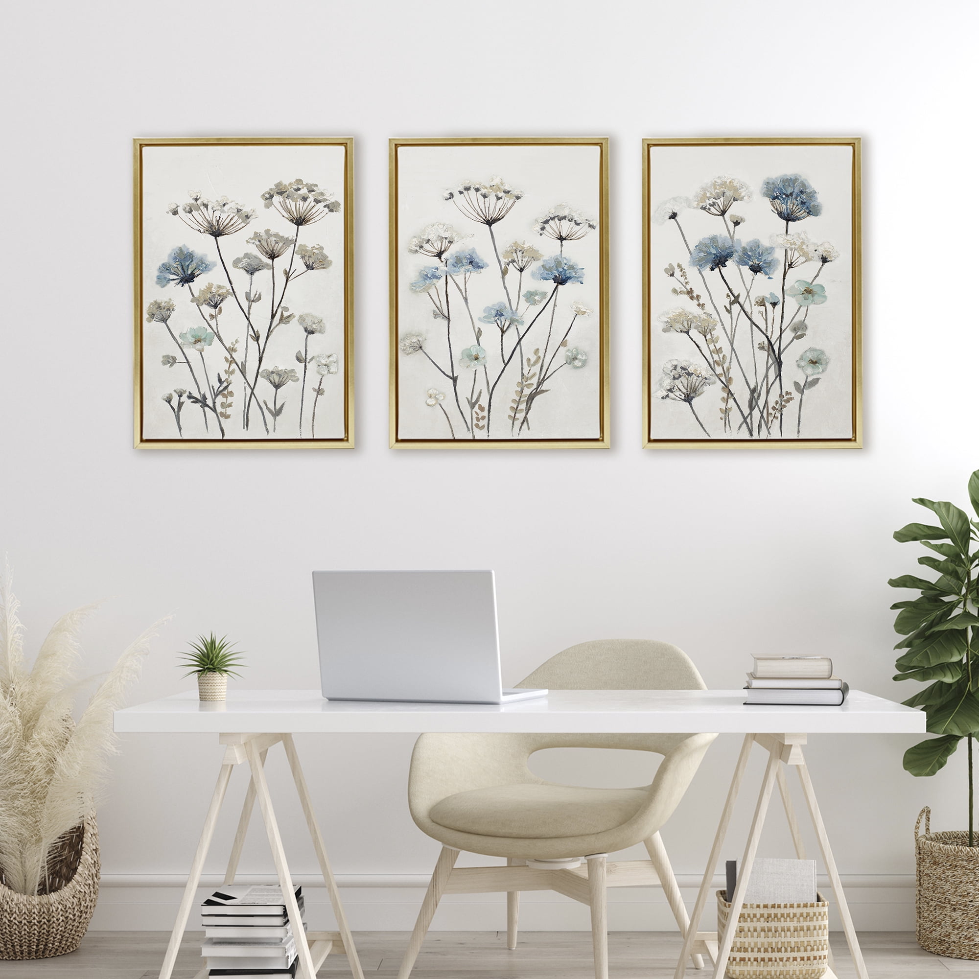 Stupell Industries Neutral & Blue Garden 3 Piece Gold Framed Floater Canvas Set, design by Patricia Pinto
