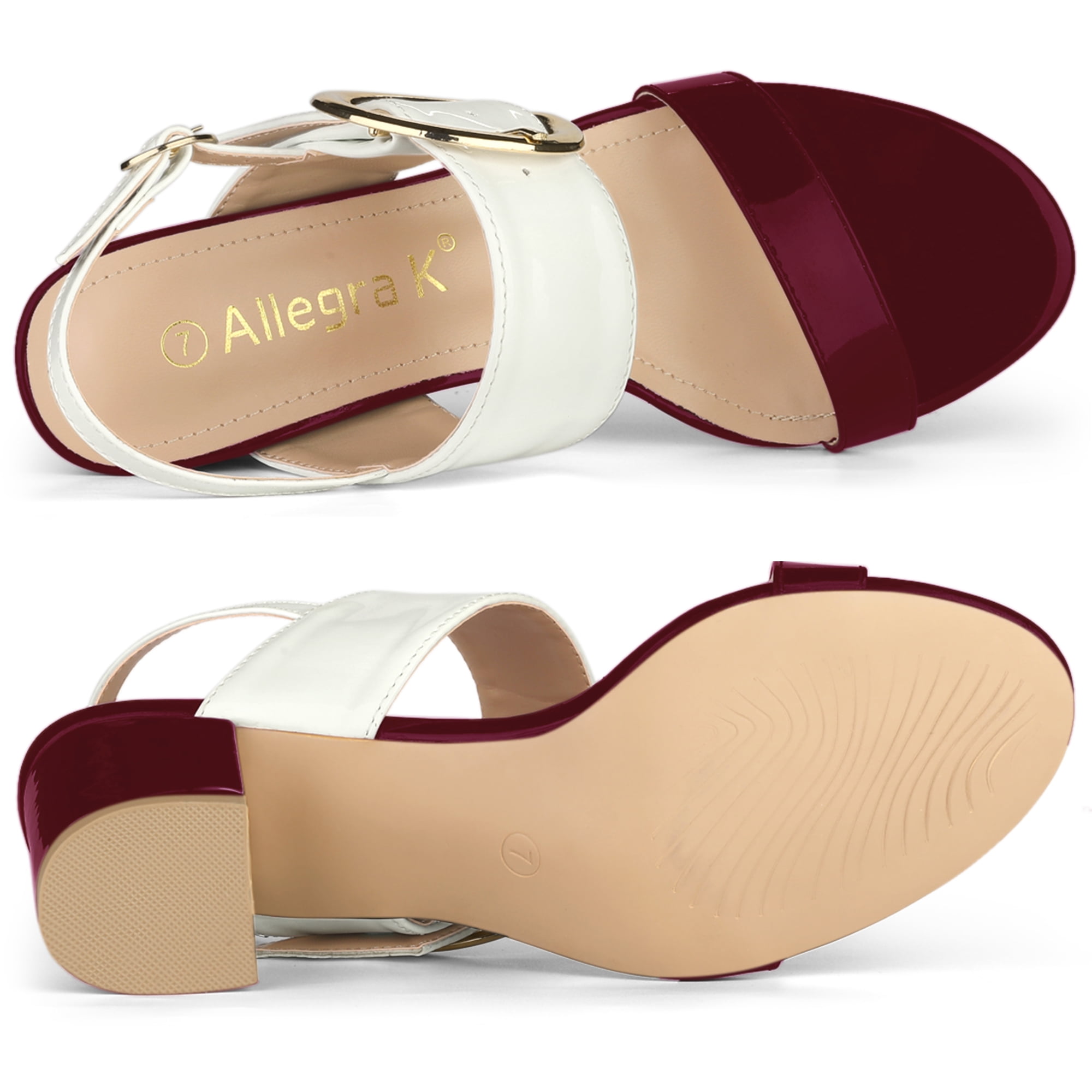 DARING DIVA Women's Slingback Block Heel Sandals with Buckle Decor Burgundy White 6