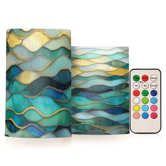 Wavy Ocean Design Flickering Flameless Candles Battery Operated with Remote Timer LED Pillar Candles Set of 2